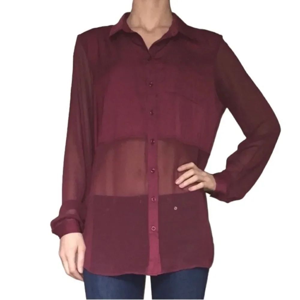 Free People Maroon Button down with Sheer Bottom XS